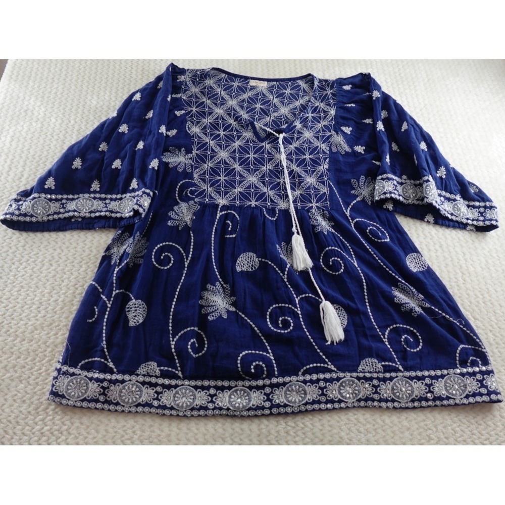 Lula Soul Blue Multicolor Embroidered Cotton Boho Dress Beaded Tassel Medium